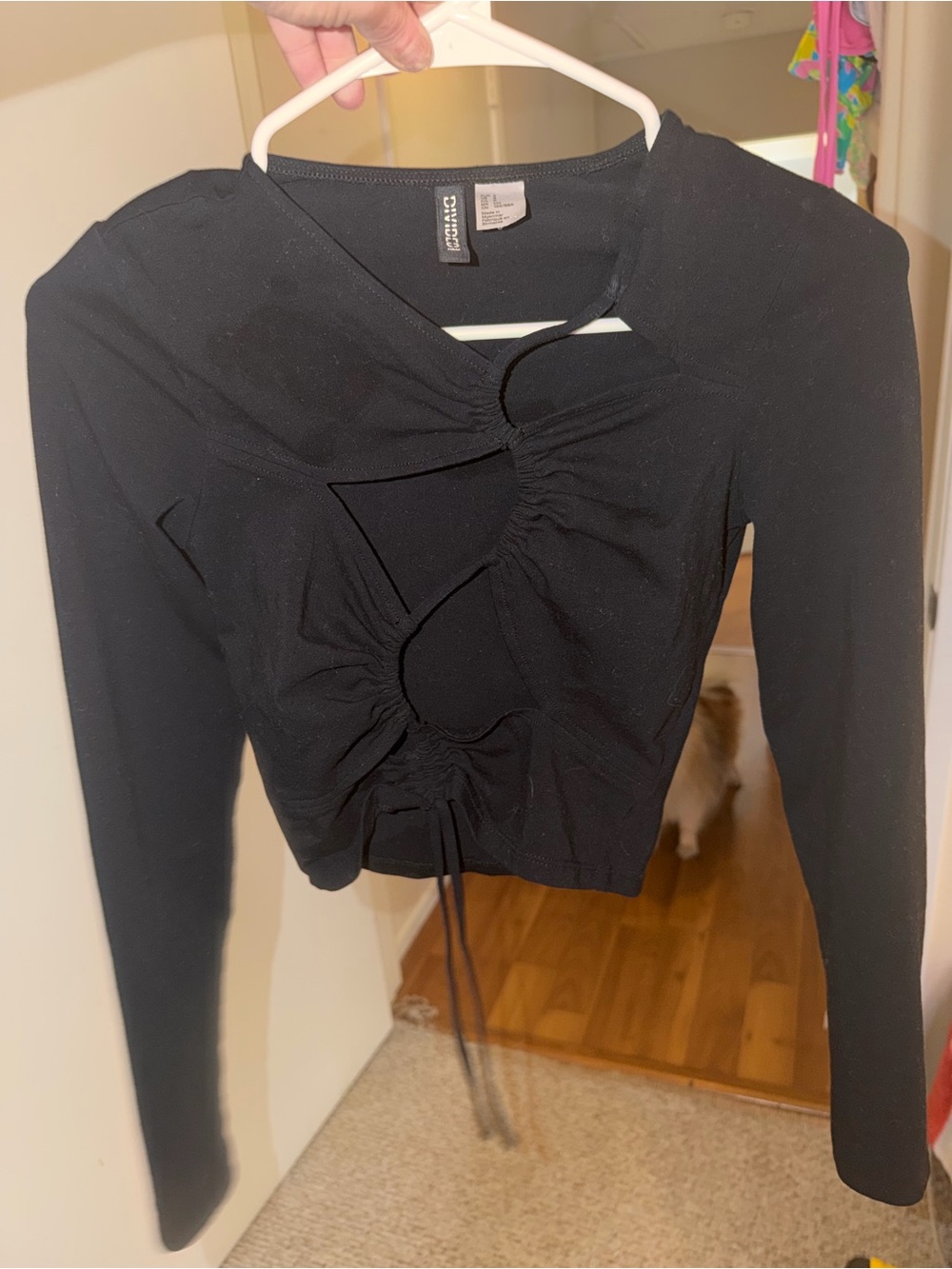 Divided Black Long-Sleeve Ruched Cutout Crop Top